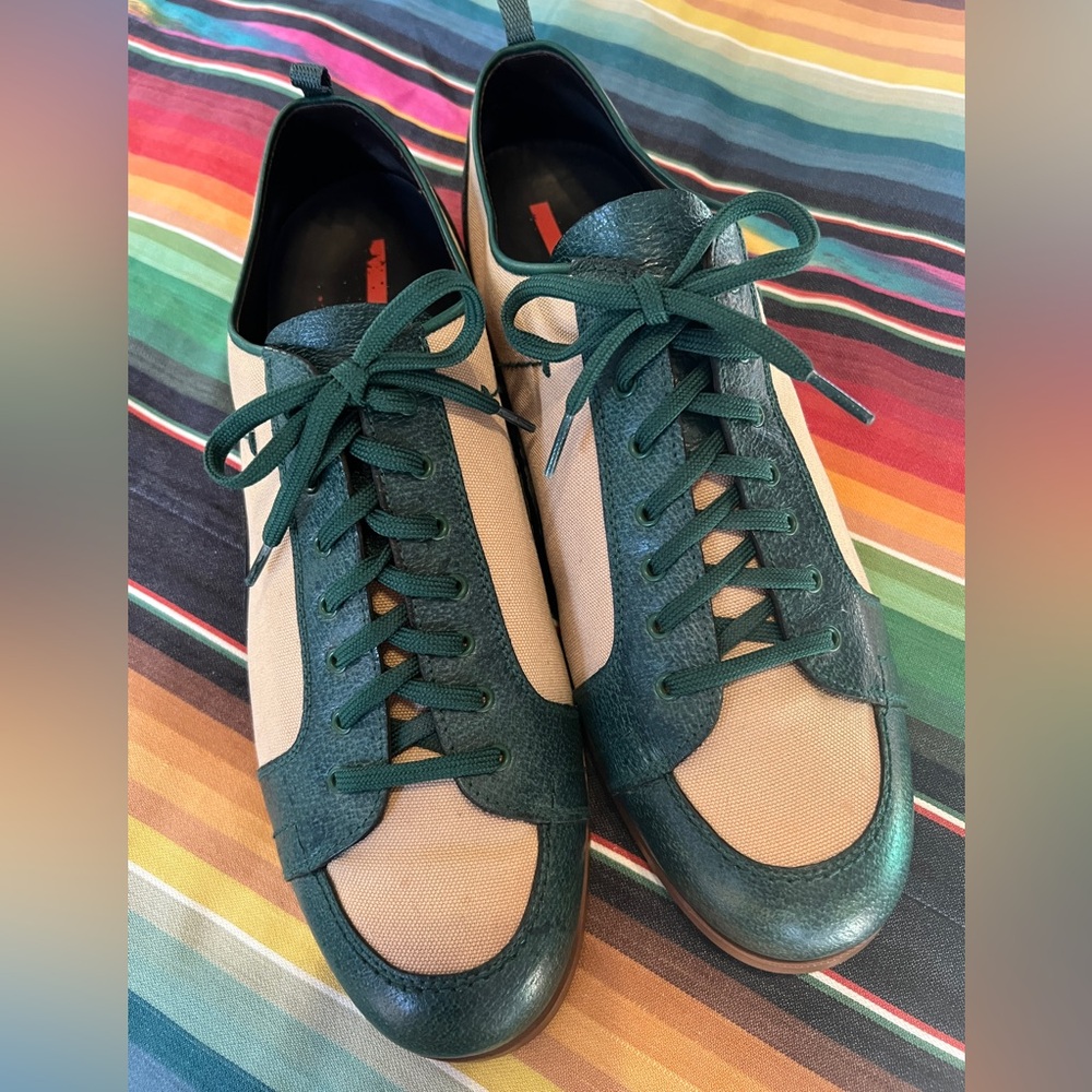 Vintage Prada Green and Tan Leather & Canvas Retro Sneakers